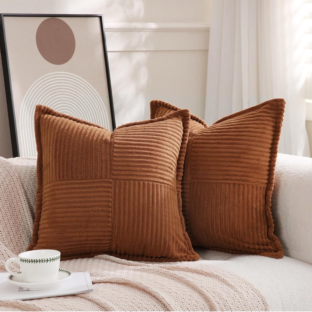 Corduroy Throw Pillow Covers Set of 2 Boho Decorative Brown 18×18”,Super Soft
